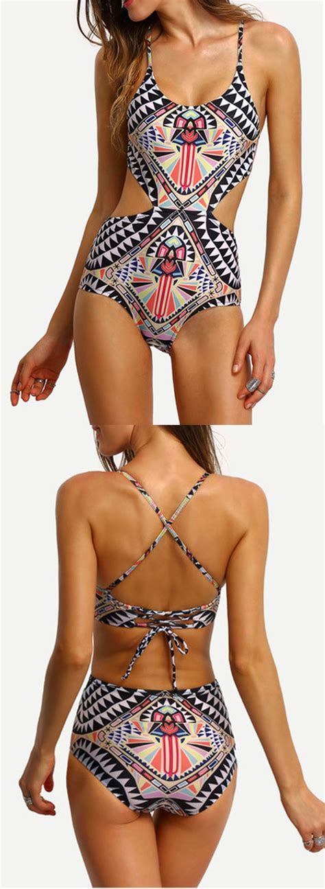 Tribal Print Cutout Lace Up One Piece Swimwear Beautiful