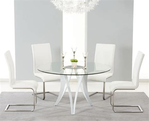 Round 130 Glass Dining Table And 4 Ivory White Chairs Homegenies