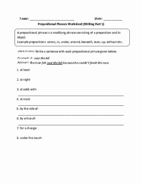 prepositional phrase worksheet  answers chessmuseum template