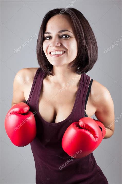 Sexy Girl Woman Model Covering Her Breast With Boxing Gloves — Stock