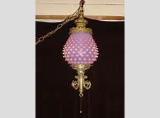 FENTON ANTIQUE CRANBERRY HOBNAIL OPALESCENT SWAG HANGING LAMP W/PULL