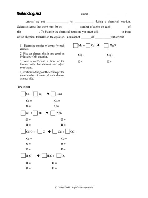 simple balance equation practice worksheet chemical substances