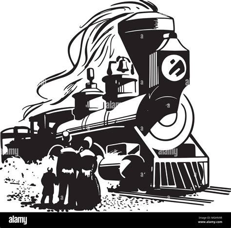 Steam Locomotive Arriving Retro Clip Art Illustration Stock Vector