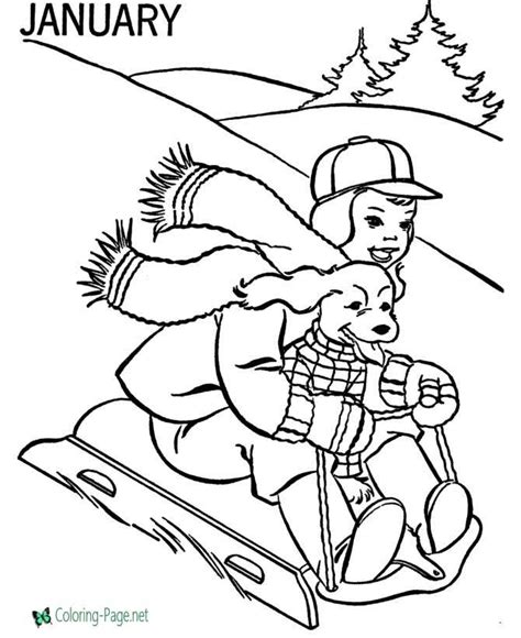 winter coloring pages dog boy  sled