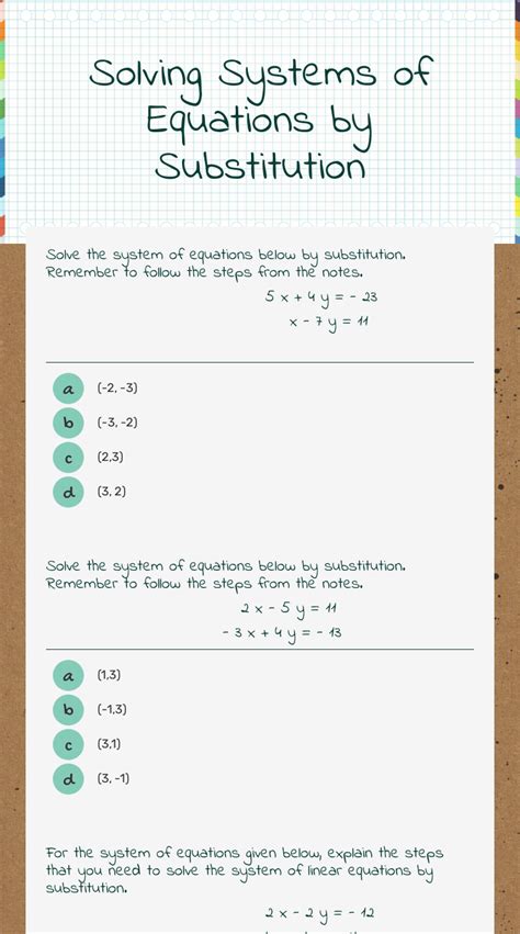 solving systems  equations  substitution interactive worksheet