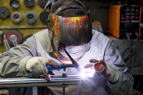 tig welding  polished stainless steel pipe stock image image