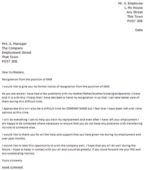 resignation letter due  family healthy reasons resignation letter