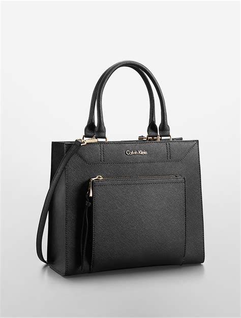 Calvin Klein Saffiano Leather Small Tote Bag In Black Gold