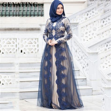 navy blue lace long sleeve muslim evening dress with hijab 2019 arabic