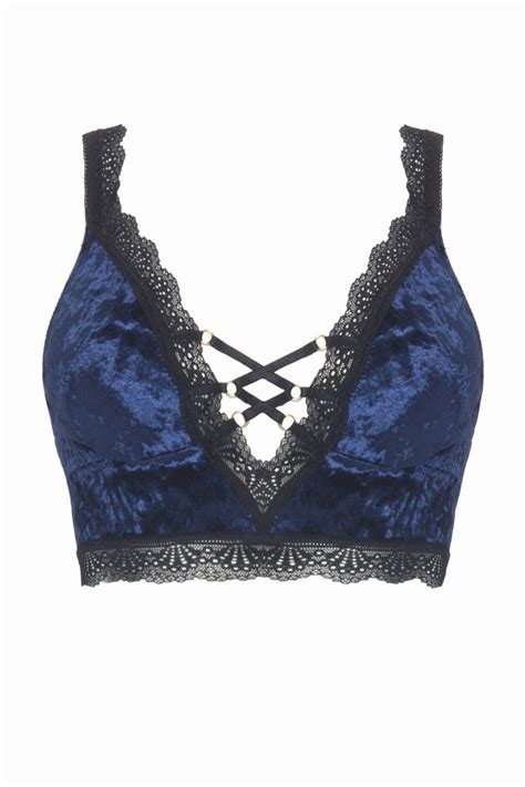 crushed velvet bralette with lace edges and lace up detail velvet