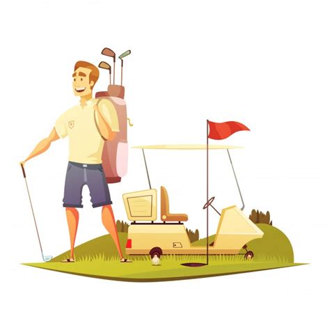 golf player on course with bag cart and pin red flag near