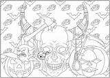 Skull Coloring Pages Halloween Scary Adults Red Color Bats Justcolor Pumpkins Surrounded Coffins Background Popular sketch template