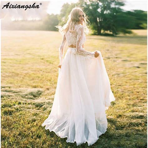 Romantic Fairy Boho Wedding Dress Lace Long Sleeves Chiffon Princess