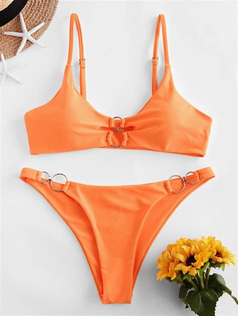 Zaful Dual O Ring Neon Bikini Swimsuit Dark Orange Green Ad Ring
