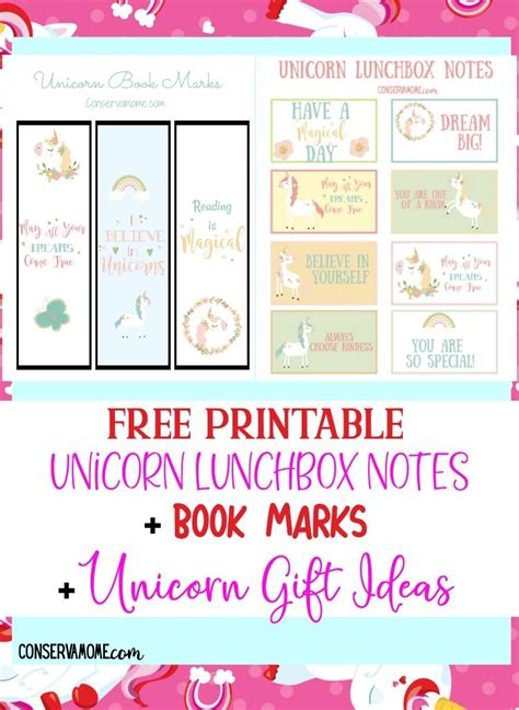 free printable unicorn lunchbox notes book marks unicorn