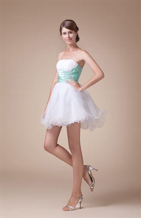 White Cute Strapless Sleeveless Lace Up Organza Prom
