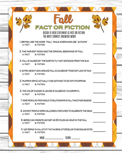 fall autumn fact  fiction trivia game printable classroom activity