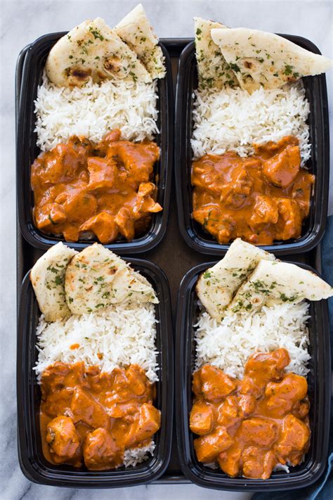 meal prep butter chicken with rice and garlic naan gimme