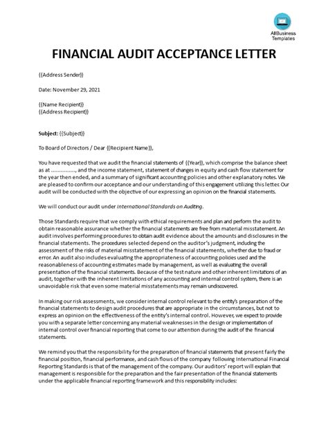 audit engagement letter sample allbusinesstemplatescom