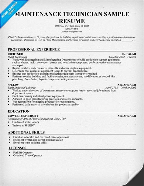 maintenance technician resume sample resumecompanioncom resume
