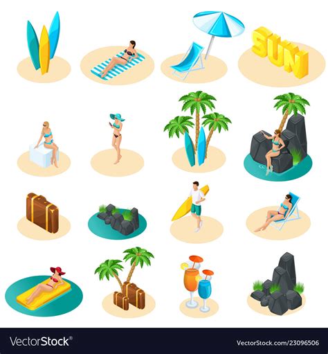 isometrics set icons for beach girls in bikini vector image