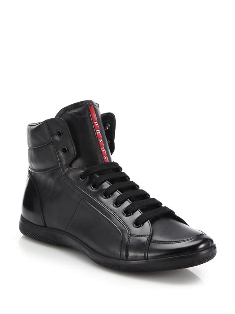 Prada Leather High Top Sneakers In Black For Men Lyst