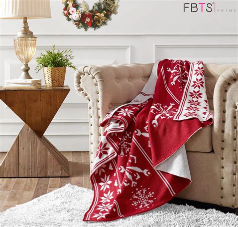 knitted throw blanket   reversible red christmas cream snowflake