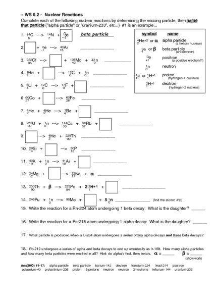 nuclear decay worksheet answers key ws   nuclear reactions worksheet