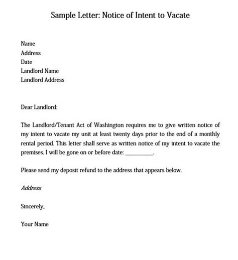 sample letter notice  intent  vacate lettering   landlord