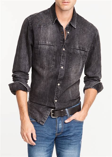 lyst mango slimfit grey denim shirt in gray for men