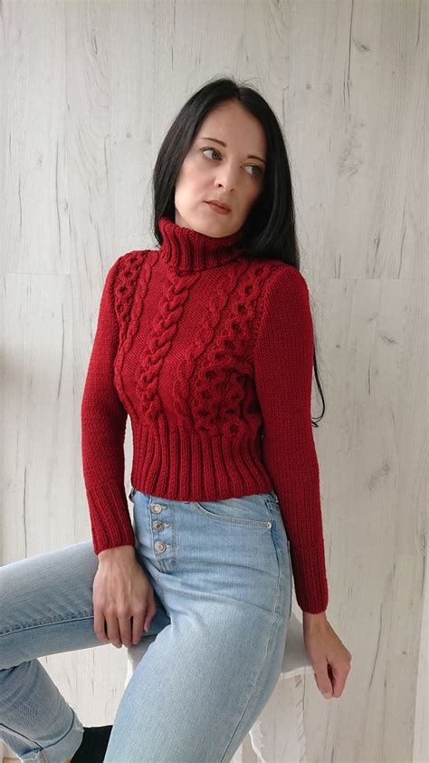 Cropped Cable Knit Sweater For Women Chunky Turtleneck Sweater Etsy
