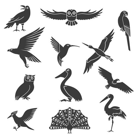 stylized birds silhouettes black icons set  vector art  vecteezy