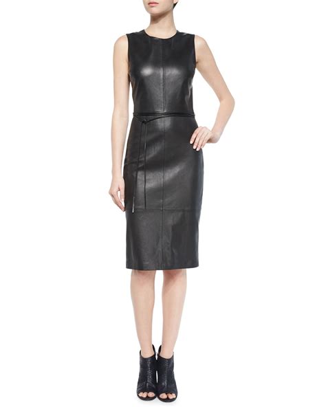 lyst vince leather belted sheath dress in black