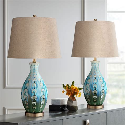 lighting mid century modern table lamps  high set   ceramic teal handmade tan linen