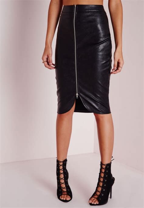 missguided faux leather zip front midi skirt black lyst