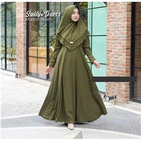 baju gamis warna hijau army jilbab voal