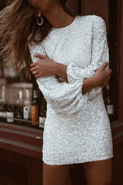 cutesove sparkly long sleeve  neck sequin mini dress white cutesove