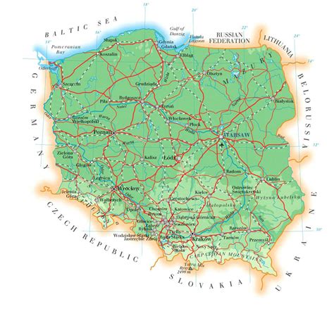 large detailed physical map of poland with cities roads
