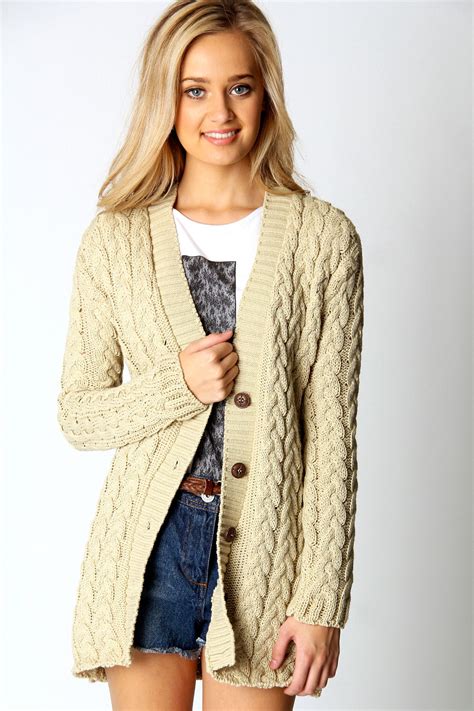 boohoo womens ladies lucy cable knit long sleeve hip length cardigan ebay
