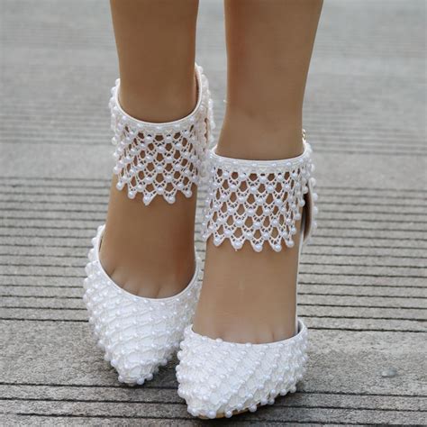 Large Size White Pearl Lace Mesh Wedding Shoes Stiletto Pointed Banquet