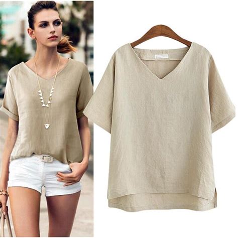 Cotton Linen Blouse Summer Short Sleeve Casual Shirt Women Tops Loose
