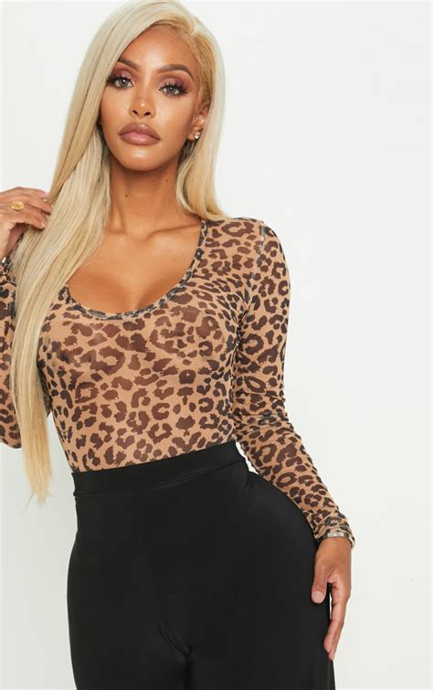 shape tan mesh leopard print bodysuit curve prettylittlething