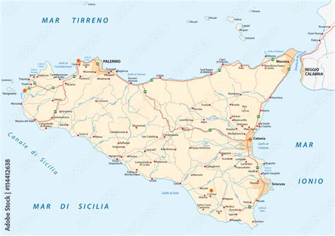Detailed Vector Road Map Of Island Sicily Italy Vector De Stock