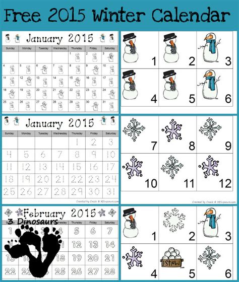 winter calendar printable  dinosaurs
