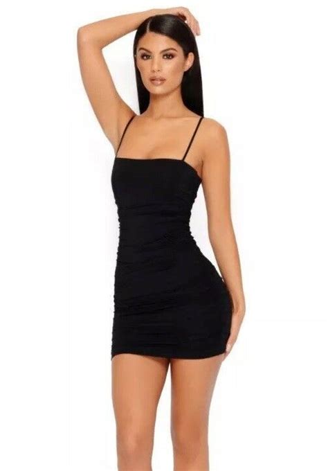 Oh Polly Black Strappy Ruched Square Straight Neck Mini Dress Size 8