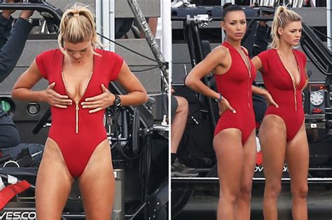 kelly rohrbach checks out her cleavage in red swimsuit on baywatch set daily star