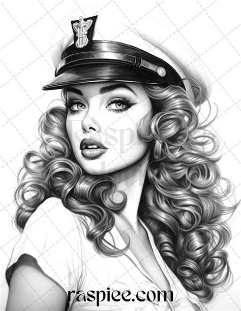 40 Sailor Pin Up Girls Grayscale Coloring Pages Printable For Adults