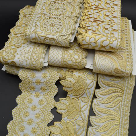 yards white fabric lace trim  gold floral embroidery african lace