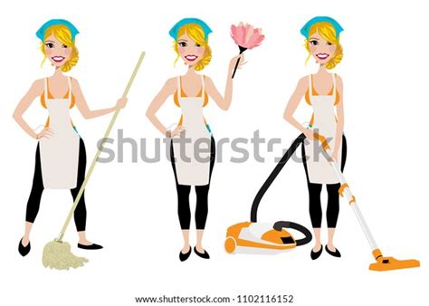cleaning lady three different poses vacuum stock vector royalty free
