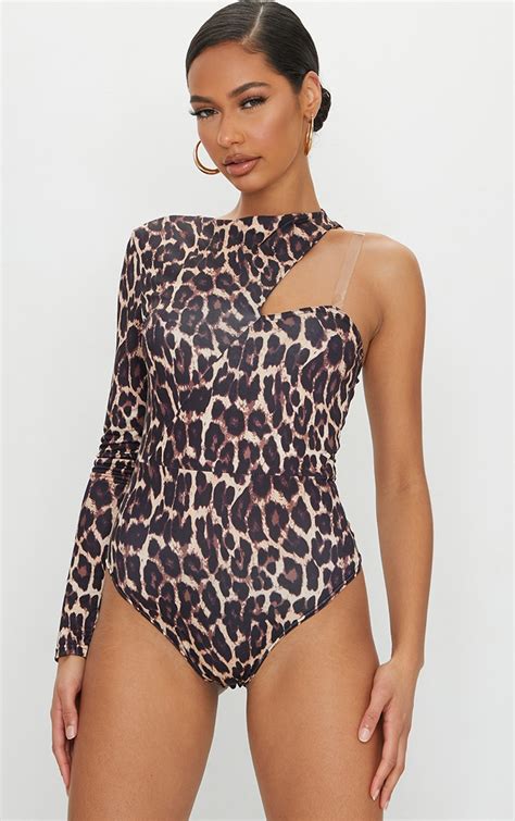 tan slinky leopard print one shoulder bodysuit prettylittlething uae